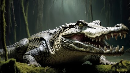 Fototapeta premium alligator in the everglades 3d painting of a menacing crocodile coming out of the water in the moonlit eyes gleam with malice and its teeth are bared in an aggressive 