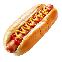 Close-up of hot dog with mustard, onions and pickles on white background. Take away street food with sesame bun, sausage and toppings