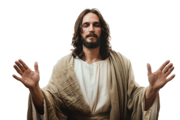 Portrait of Jesus Christ with open arms, wearing traditional robes isolated on white background. Concept of spiritual faith in God in Christianity and Catholicism