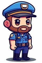  A cartoon police officer with a beard, stands with hands in pocket