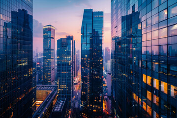Aerial view of vibrant cityscape with illuminated skyscrapers against dramatic sunset sky. Office buildings in downtown and glowing city streets in the night. Nightlife of modern metropolis