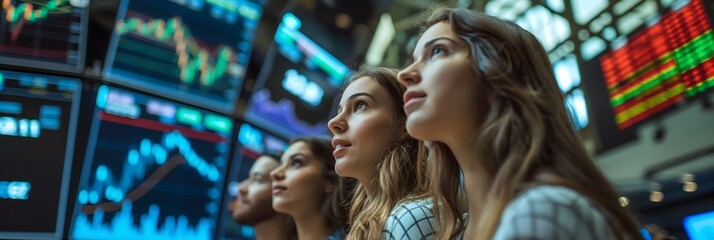 Fototapeta premium A group of young millennials joyfully looking up at financial stock charts with business men and women, surrounded by a stockboard. 