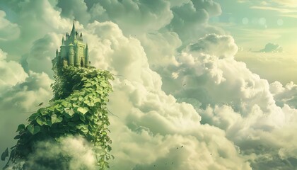 beanstalk rising into clouds with giant palace in distance