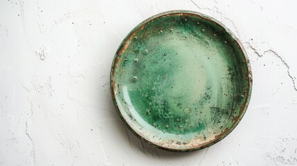 Vintage rustic green plate on white backdrop