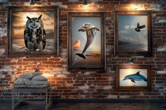 An industrial-style room with a brick wall showcasing four frames: a wise owl, a leaping dolphin, a sleeping cat, and a flying eagle, each beautifully lit.