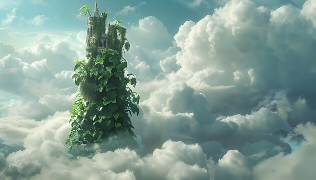 beanstalk rising into clouds with giant palace in distance