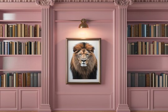 An elegant library with a soft pink wall adorned with a single frame of a majestic lion, highlighted softly by a spotlight.