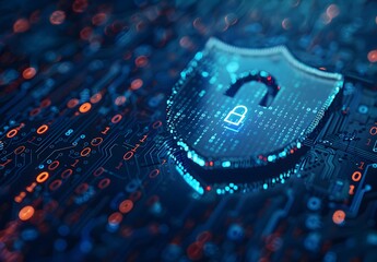 Digital Shield & Open Padlock on Circuit Board