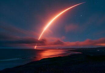 Rocket Launch Trail Over Coastal Night Sky