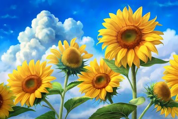 Fototapeta premium Vibrant yellow sunflowers sway gently in the breeze against a bright blue sky with fluffy white clouds on a warm and serene summer day.