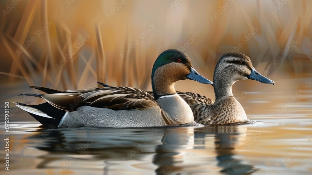 Canvas Prints Male and female northern pintails swimming together on a lake s surface