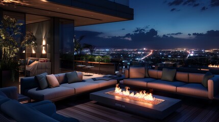 Obraz premium A stylish terrace lounge with modular seating, a sleek fire table, and a panoramic view of the city lights at night.