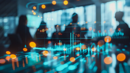 Professional business team working on a project together in the office Using economic growth charts and network connections to accompany the data. in analyzing future trends