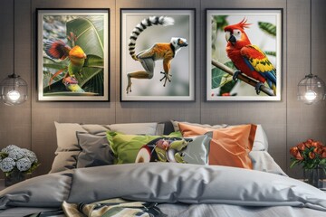 An elegant bedroom with a soft grey wall displaying three frames: a colorful parrot, a leaping frog, and a curious lemur, all beautifully illuminated.