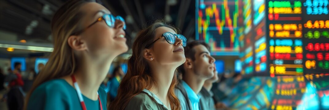 A group of young millennials joyfully looking up at financial stock charts with business men and women, surrounded by a stockboard.
