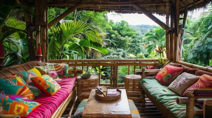 Fototapeta premium A tropical-themed terrace lounge with bamboo furniture, vibrant cushions, and a view of lush greenery.