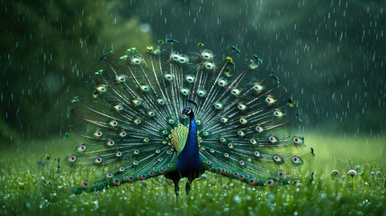 Obraz premium a peacock in a green field. few flowers. evening time. peacock dancing with feathers open.