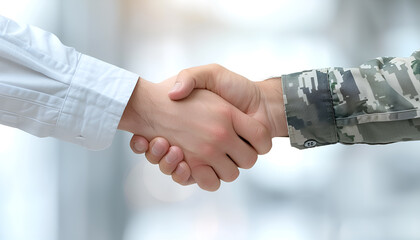 Soldier and civilian shaking hands on blurred background