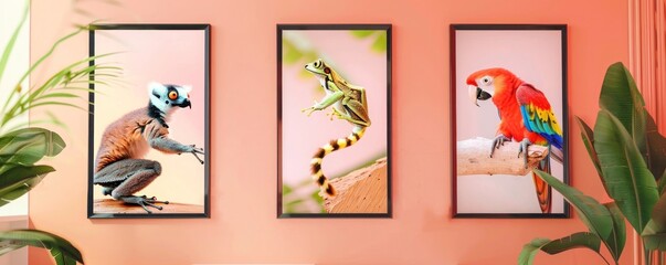 A stylish office with a soft peach wall featuring three frames: a colorful parrot, a leaping frog, and a curious lemur, all beautifully illuminated.