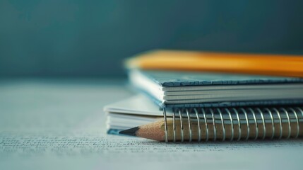 Stack of notebooks pencils white paper with space for text high key tone