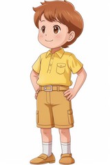  A boy in a yellow shirt and brown shorts stands with hands on hips