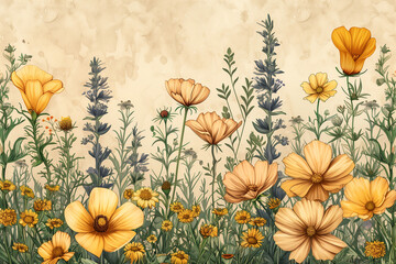 Fototapeta premium vibrant botanical garden with colorful wildflowers, detailed floral design, artistic illustration