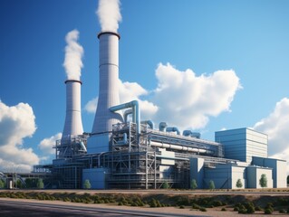 A modern industrial chemical plant with pipes and chimneys against a clear blue sky.