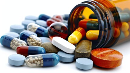 Colorful 3d pills close up on white surface for medical concept and healthcare ideas