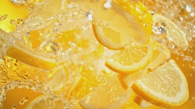 Super Slow Motion Shot of Fresh Lemon Slices Followed by Camera Splashing into Water at 1000 fps.