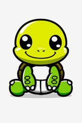 Obraz premium A cartoon turtle sits on a white background, eyes open, smiling