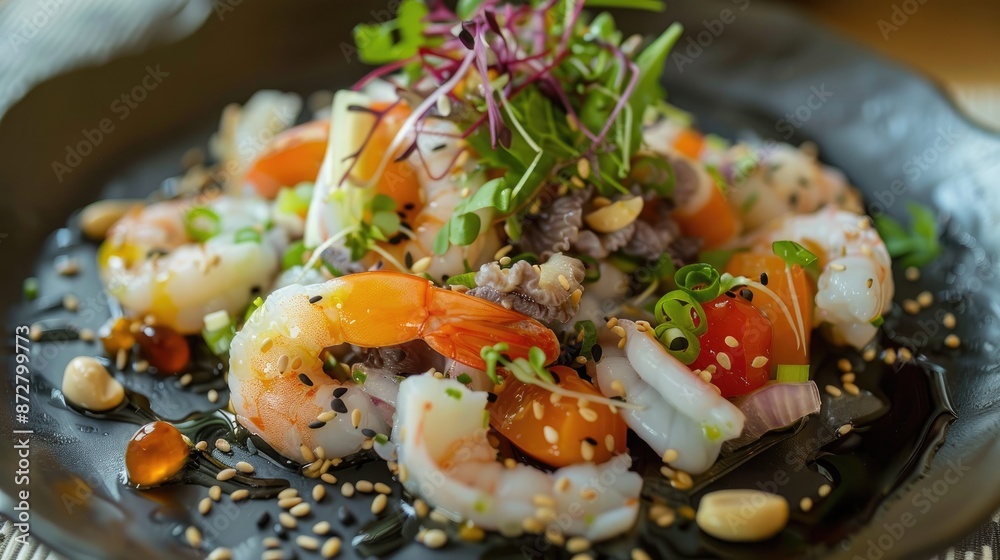 Poster japanese seafood salad with algae and nut sauce