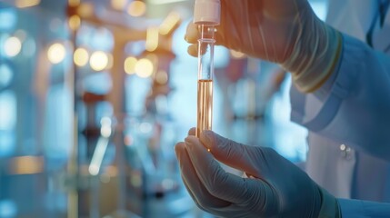 Triglyceride test result in test tube held by doctor in medical lab