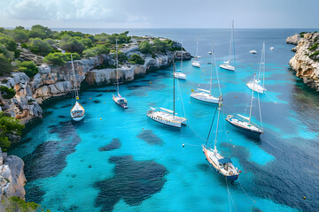 Obraz premium Sailing boats in amazing blue sea, drone shot
