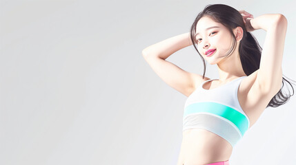 Fototapeta premium A young, beautiful Asian woman is standing confidently in fitness wear. Korean, Japanese. Gym, fitness club, Pilates, studio.version23