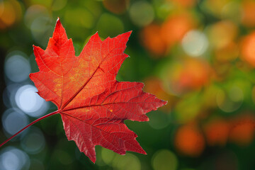 Fototapeta premium Bright red leaf on vibrant autumn background bokeh.