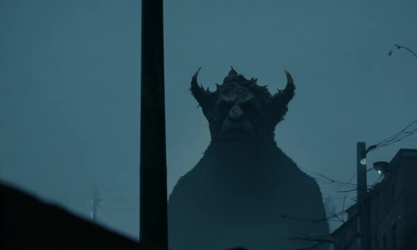 a big monster on street view from window, dark lighting, cinematic shot 4k