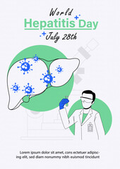 Concept of world hepatitis's day campaign's poster with human with symbols of virus on liver and science working of doctor, wording of event in flat style and vector design