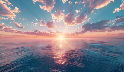 Beautiful sunset over the ocean with a blue sky, scenic view, calm seawater, drone aerial shot
