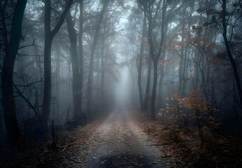 Obraz premium Mysterious Foggy Forest Path