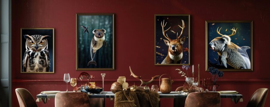 A stylish dining room with a dark red wall showcasing four frames: a wise owl, a playful dolphin, a majestic stag, and a tranquil koala, each highlighted gently.