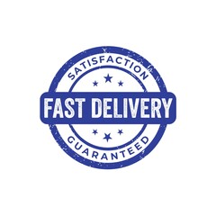 Fast delivery satisfaction guaranteed circular blue stamp frame isolated on white background. Flat design. 