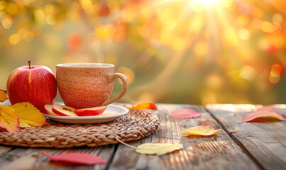 cozy autumn scene of steaming cup of tea and fresh apple on rustic wooden table, surrounded by colorful fall leaves. perfect for seasonal marketing, food, beverage promotions, autumn-themed designs