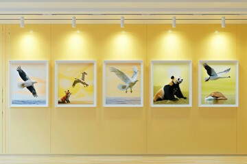 A spacious lounge with a pale yellow wall showcasing five frames: a soaring eagle, a resting panda, a swimming sea turtle, a leaping fox, and a graceful swan, all illuminated perfectly.