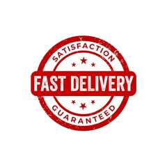 Fast delivery satisfaction guaranteed circular red stamp frame isolated on white background. Flat design. 