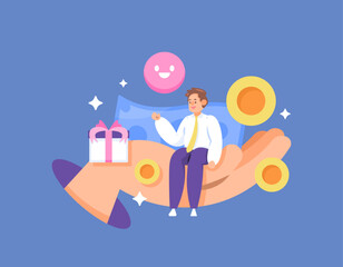 employee benefits concept. get prizes, salaries, allowances and commissions. illustration of worker sitting on boss's hand and getting bonus reward. leader's care. flat style design. graphic elements