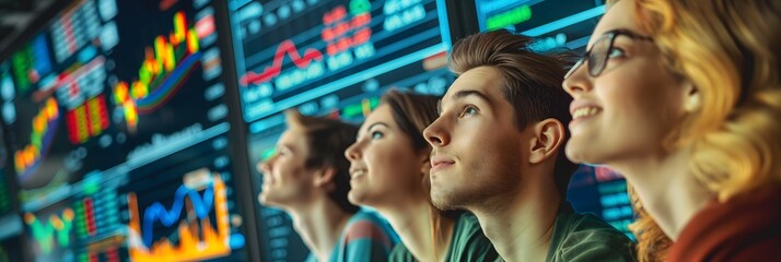 Fototapeta premium A group of young millennials joyfully looking up at financial stock charts with business men and women, surrounded by a stockboard. 