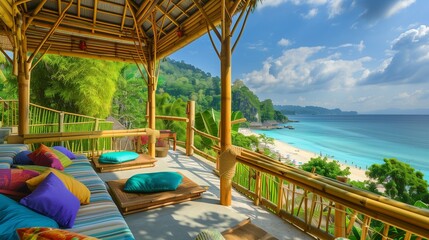 Obraz premium A tropical terrace lounge with a bamboo gazebo, colorful cushions, and a view of the beach and turquoise sea.