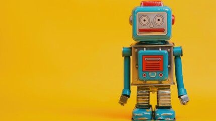 Fototapeta premium Old tin robot toy on yellow background