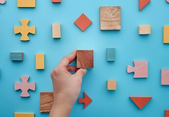 Hand Placing Wooden Block on Blue Background with Colorful Shapes