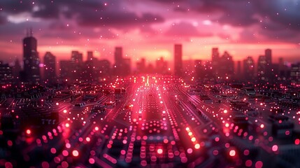 Fototapeta premium Cityscape at Sunset With Circuit Board Overlay